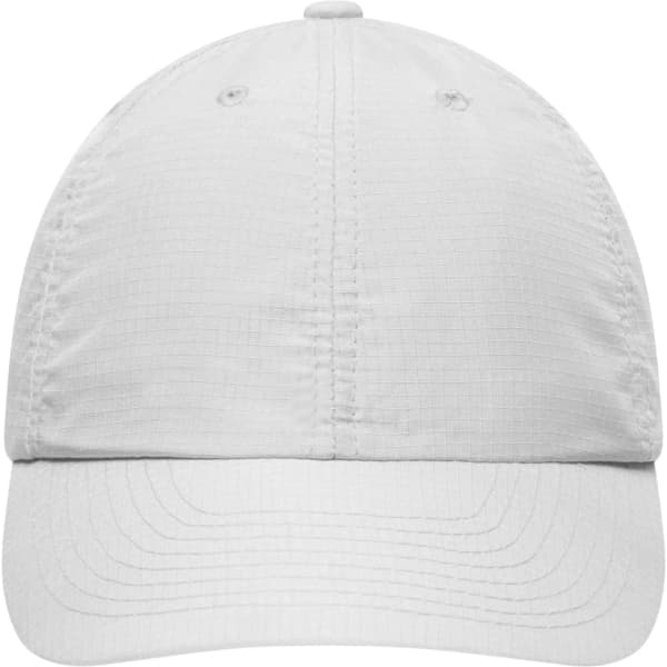 A light grey six-panel cap featuring a curved peak and a logo on the front.