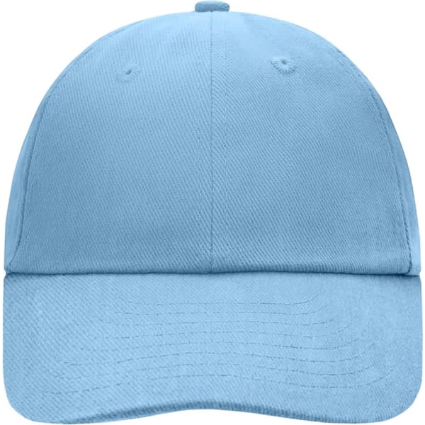 A blue 6-panel raver cap with a curved brim and an adjustable strap at the back. It features a logo.