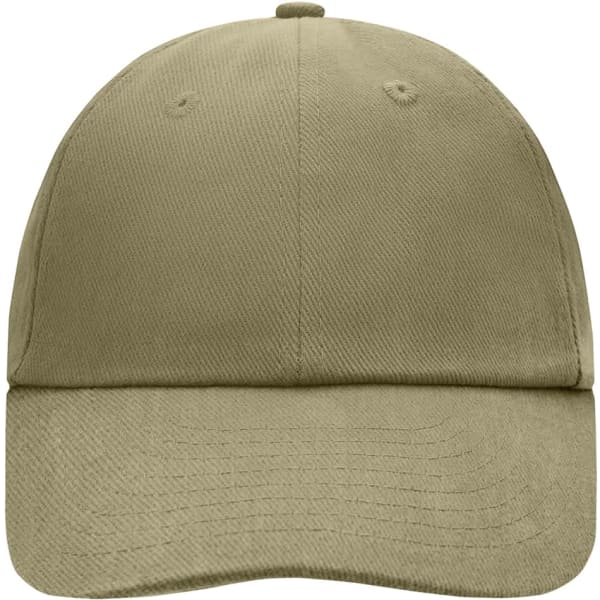 A khaki 6-panel raver cap with a structured design and a branded logo on the front.