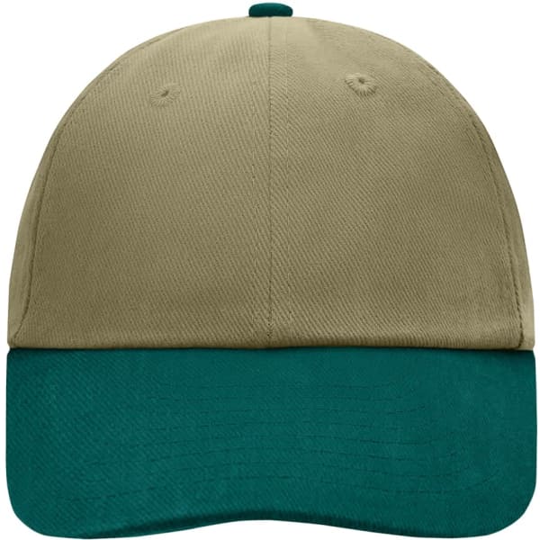 A 6 panel cap featuring a khaki upper and a dark green brim. The cap has a logo on the front.