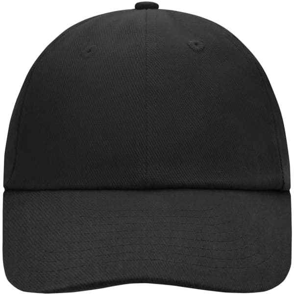 A black 6 Panel Raver Cap featuring a structured design and a logo on the front.