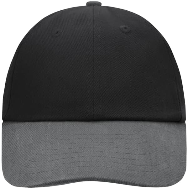 A black and grey 6 panel cap featuring a curved brim and a logo on the front.