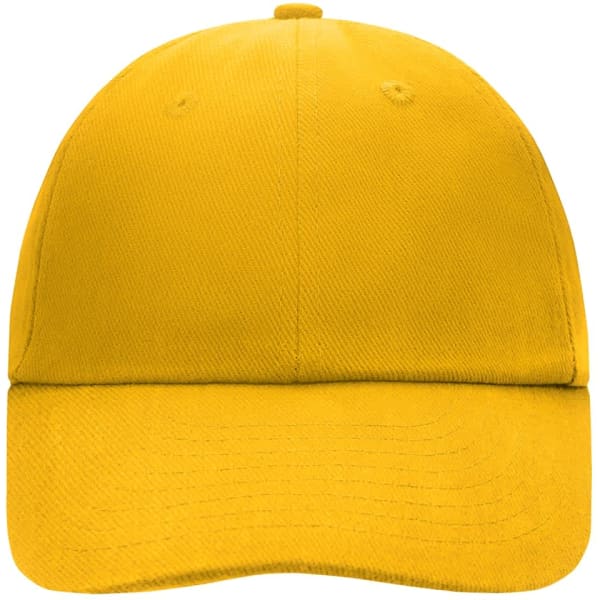 A yellow 6-panel cap featuring a curved brim and a logo on the front.
