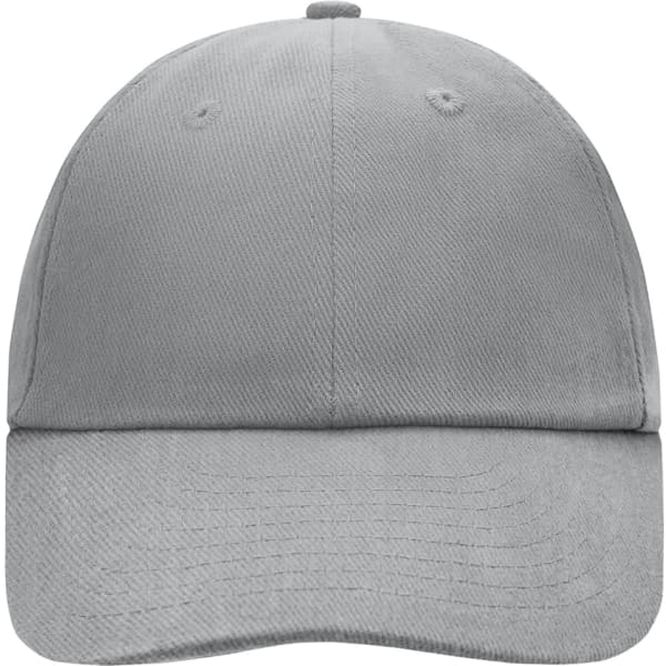 A grey 6-panel cap with a curved brim and a logo on the front. Suitable for casual wear.