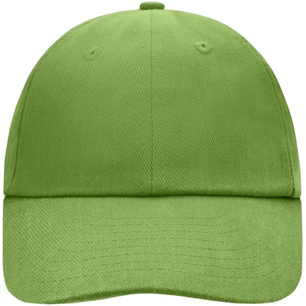 A green 6-panel cap with a curved brim and an adjustable strap at the back, featuring a logo.