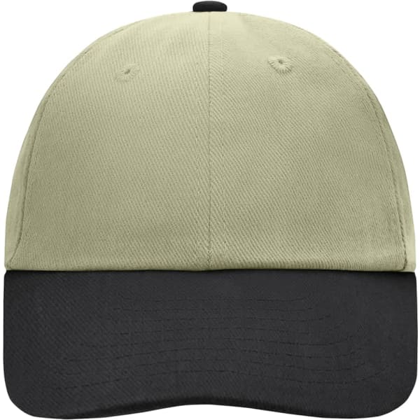A 6 panel raver cap in light green with a black brim and a logo on the front.