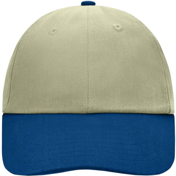 A 6-panel cap featuring a khaki top and a blue peak, with a logo on the front.