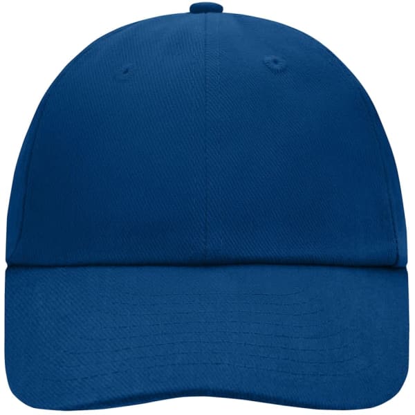 A blue 6 Panel Raver Cap with a structured design and a logo on the front.