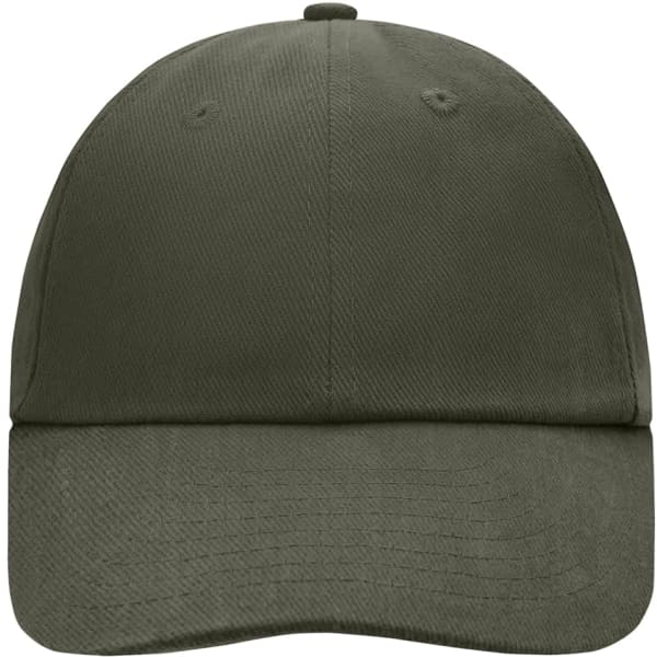 A 6 panel raver cap in olive green, featuring a structured design and a logo on the front.