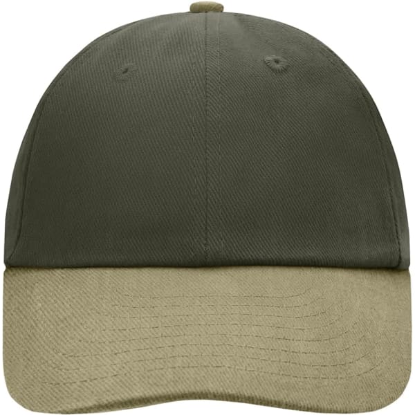 A 6-panel cap featuring a dark green crown and a light green peak, with a logo on the front.