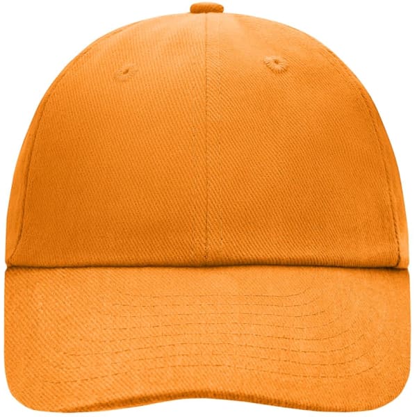 An orange 6-panel cap with a rounded crown and a curved brim, featuring a simple design and a logo.