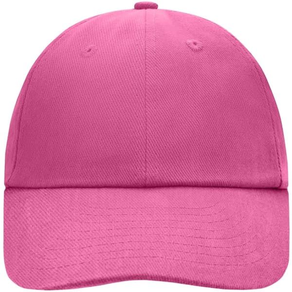 A pink six-panel cap featuring a curved brim and a logo on the front.