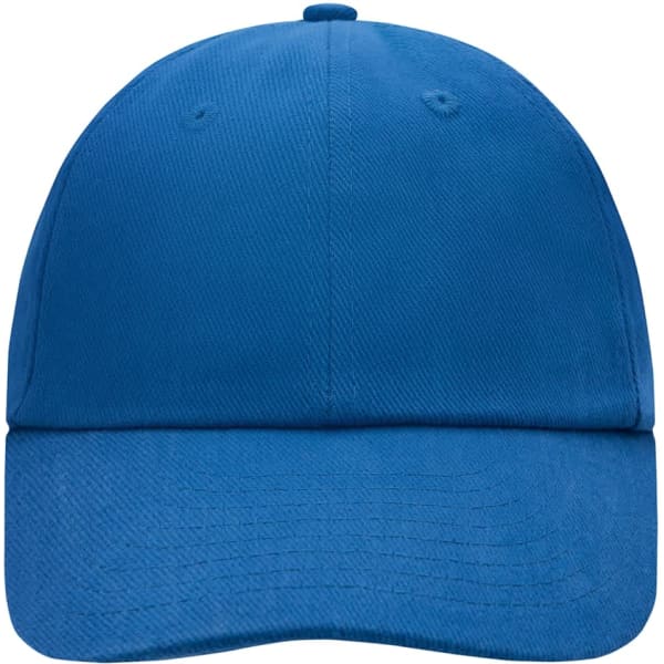 A blue 6 panel cap featuring a rounded crown and a curved brim. It includes a branding logo.