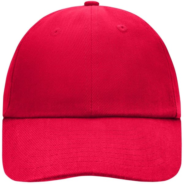 A red 6 panel cap with a curved brim and a logo on the front. The fabric has a smooth texture.