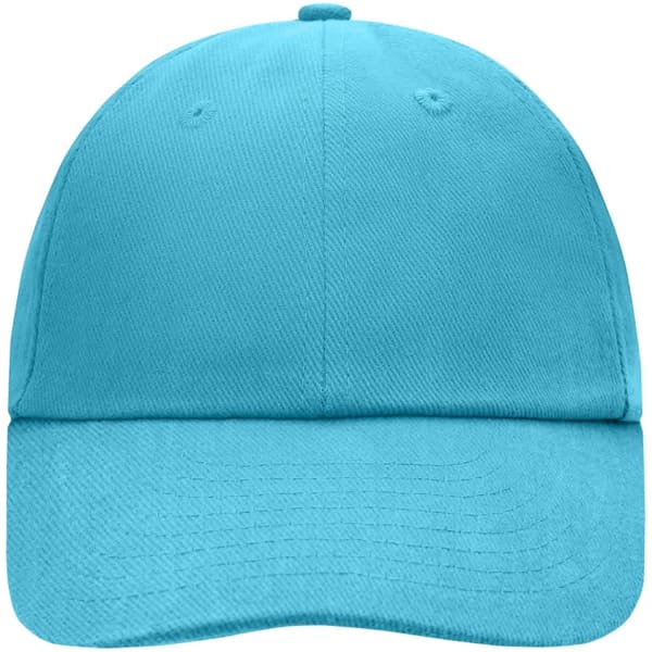 A bright turquoise six-panel cap with a curved brim and a logo on the front.