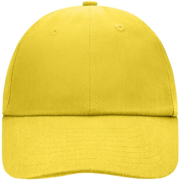 A bright yellow 6 panel cap with a curved brim and a plain design, featuring a logo on the side.