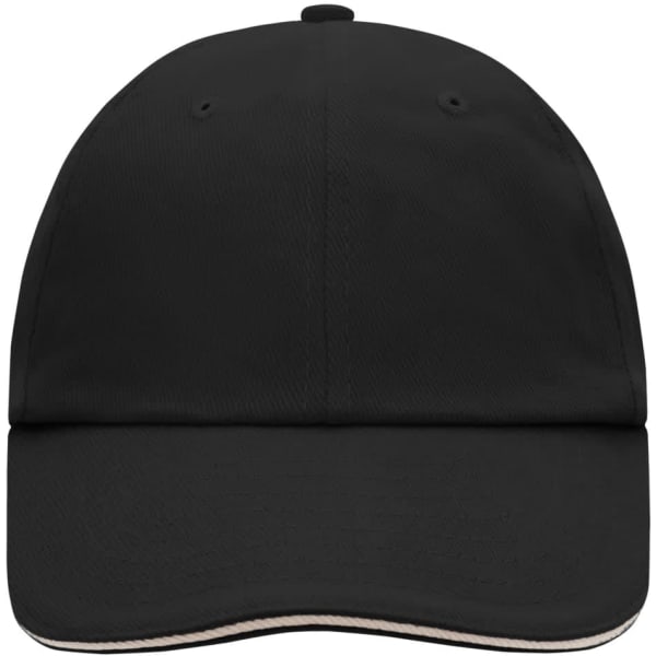 A black six-panel cap with a contrasting trim and a logo on the front.