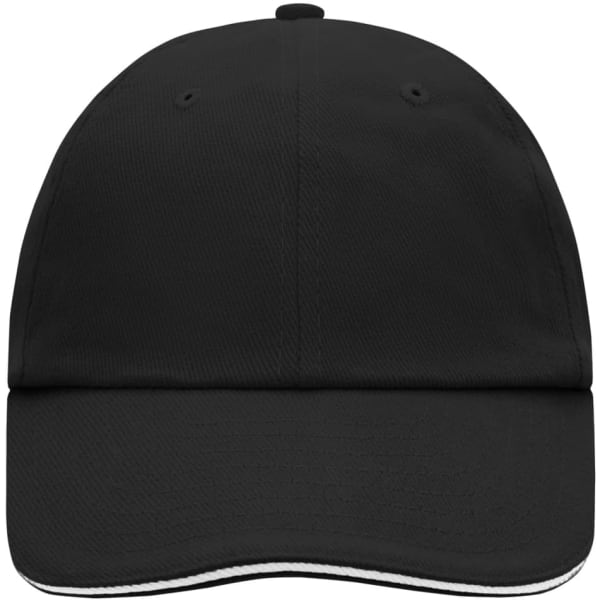 A black 6 panel cap with a curved brim and a logo on the front.