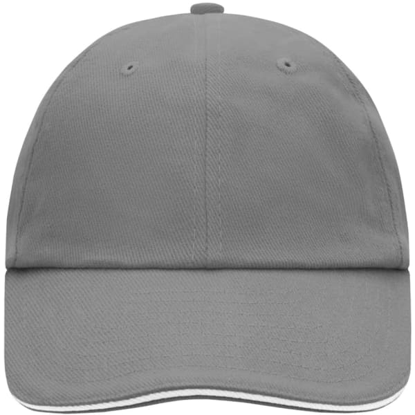 A grey 6 Panel Raver Sandwich Cap with a curved brim and a logo on the front.