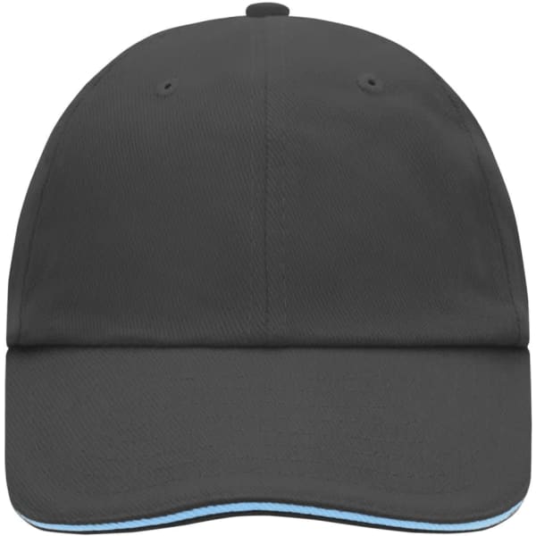 A black six-panel cap featuring a blue accent along the brim, with a branding logo present.