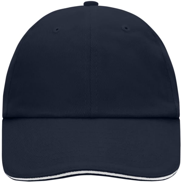 A navy 6-panel cap with a flat brim and a band along the edge. It has stitching and logo detailing.