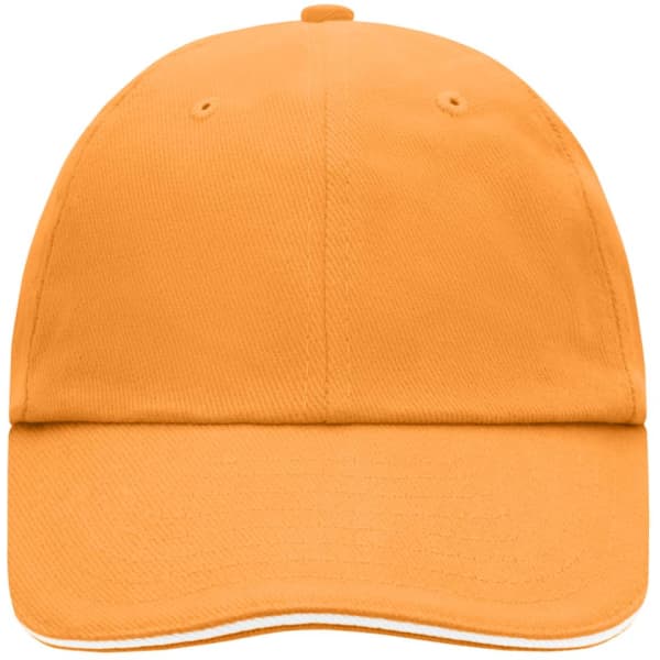 A 6 panel cap in bright orange with an adjustable strap and a logo on the front.