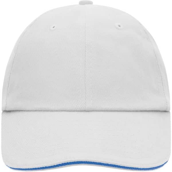 A white six-panel cap with a blue underbill and a logo on the front.