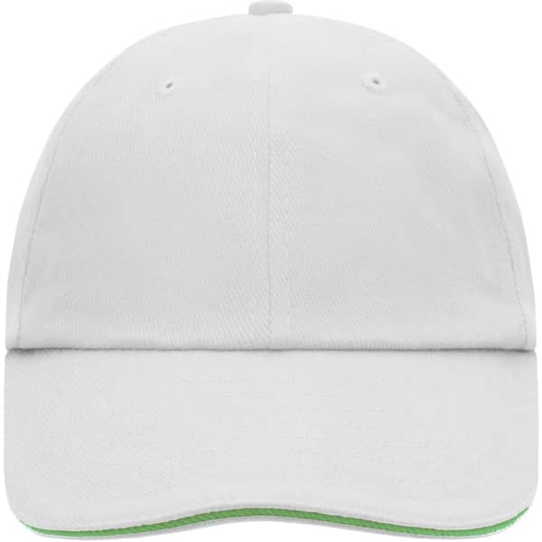 A white 6-panel cap with a green underbrim and a logo on the front.