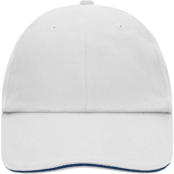 A white 6-panel cap with a curved brim and a logo on the front.