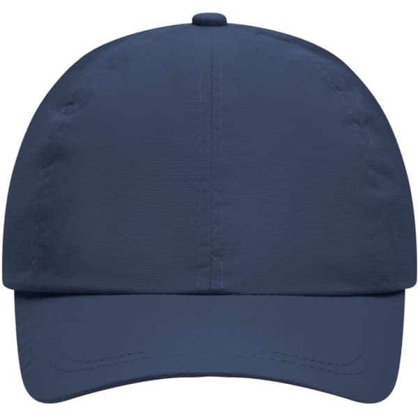 A navy 6-panel cap with a curved brim and a ventilation hole on top, featuring a logo on the front.