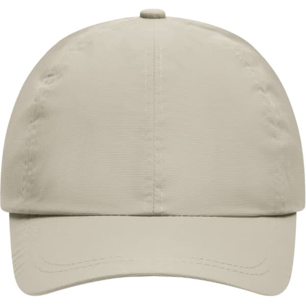 A beige 6-panel outdoor sports cap featuring a curved brim and an adjustable strap at the back.