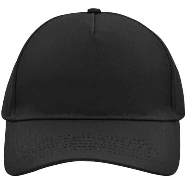 A black 5 panel cap with a curved peak and a logo on the front.