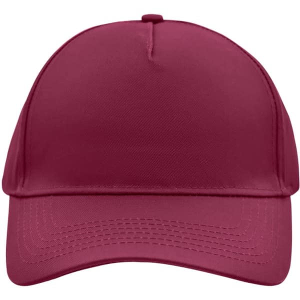 A maroon 5-panel cap featuring a curved brim and a logo on the front. Suitable for headwear collection.