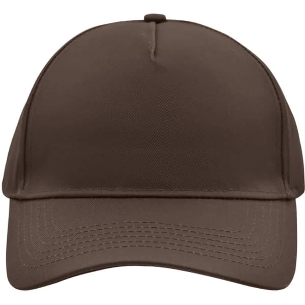 A brown 5 panel cap featuring a curved peak and an adjustable strap at the back, with a logo on the front.