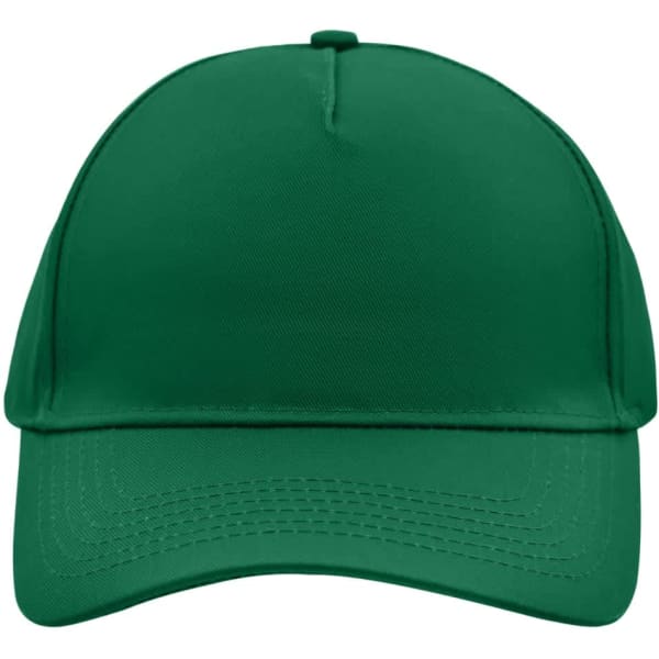 A green 5-panel cap with a structured front and curved visor, featuring a logo on the front.