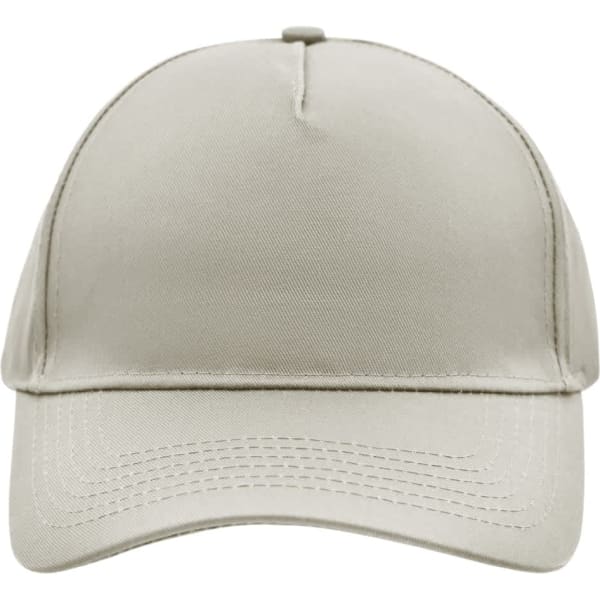 A 5 panel cap in a light beige colour with a straight brim and a logo on the front.