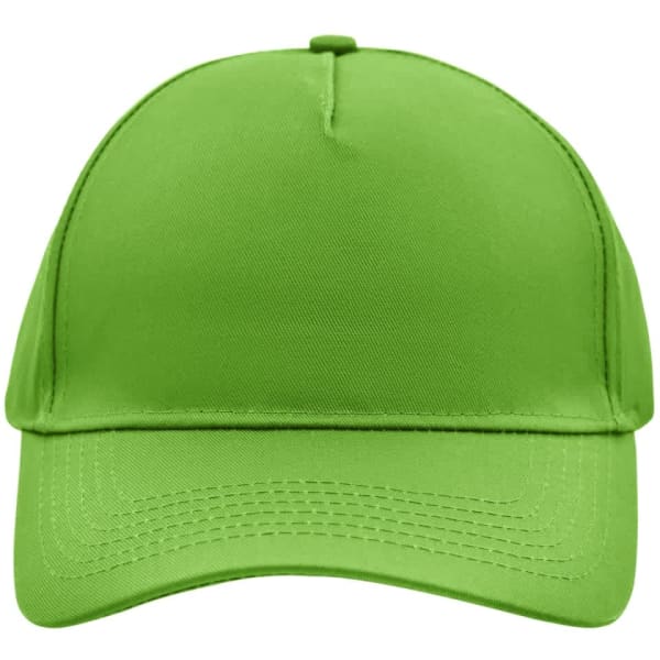 A bright green 5 panel cap with a curved brim and a logo on the front.