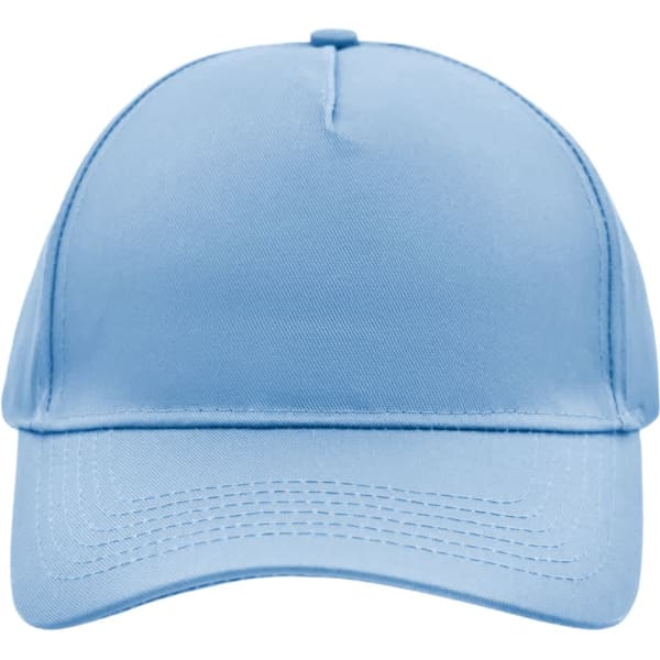 A blue 5 panel cap displayed from the front, featuring a branded logo.