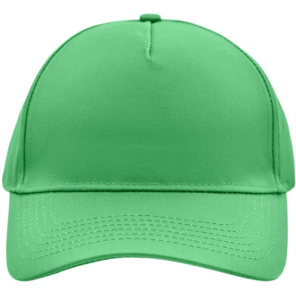 A green 5 panel cap with a wide brim and an adjustable strap. It features a logo on the front.