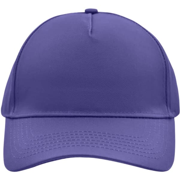 A purple 5 panel cap featuring a structured design and a logo on the front.