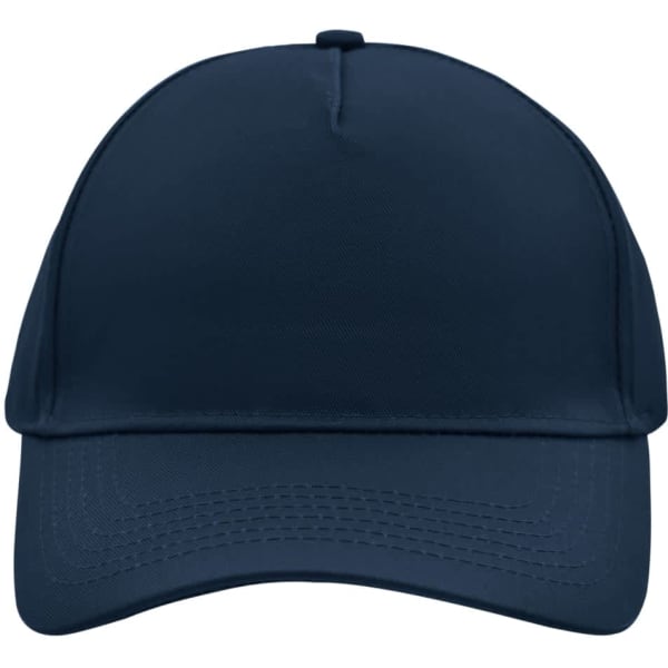 A navy blue 5 panel cap featuring a structured design and a logo on the front.