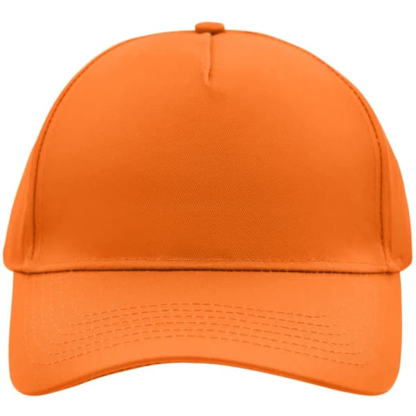 An orange 5 panel cap with a solid design and a curved brim. It features a logo on the front.