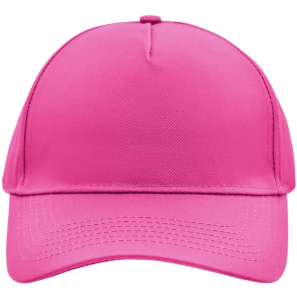 A pink 5 panel cap with a logo on the front, featuring a curved brim and smooth fabric texture.