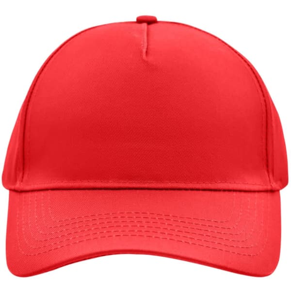 A red five-panel cap featuring a structured design and a front panel with a logo. Ideal for casual wear.