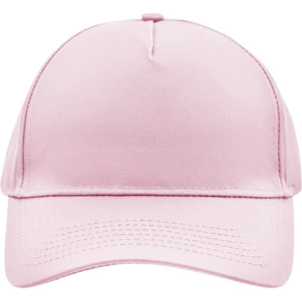 A pink 5 panel cap featuring a structured design and a logo on the front.