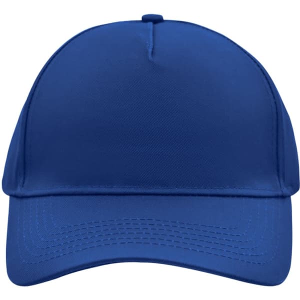 A blue 5 panel cap with a structured front and ventilation eyelets, featuring a logo on the front.