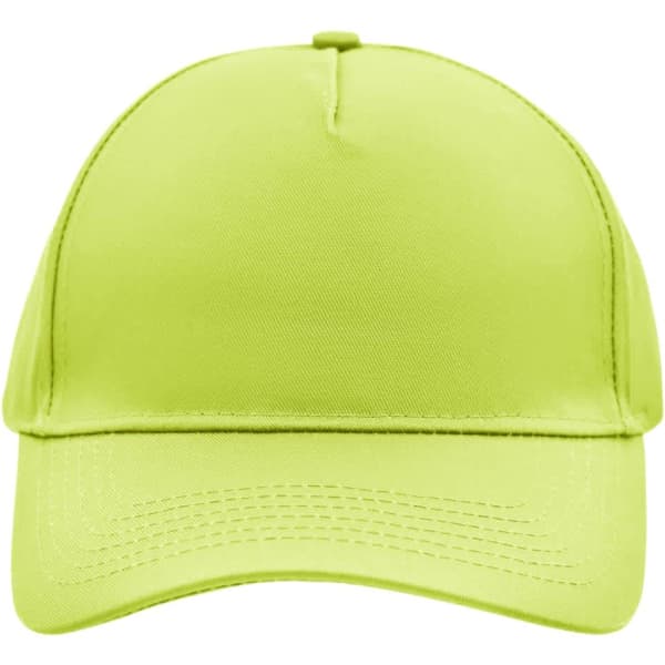 A bright lime green 5 panel cap with a curved brim and a small logo on the front.