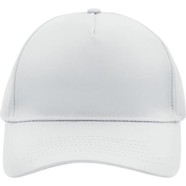 A white 5 panel cap featuring a curved peak and a logo on the front. It has a plain, smooth fabric design.