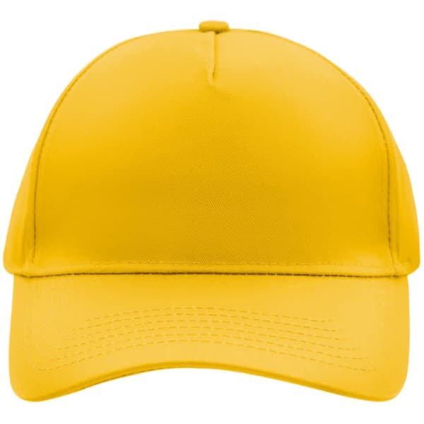 A yellow 5 panel cap featuring a curved brim and a logo on the front.