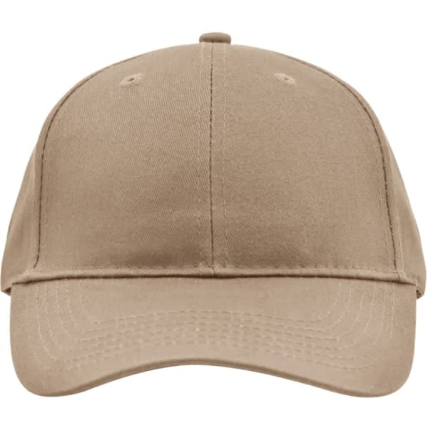 A beige brushed 6 panel cap with a curved brim and eyelet details. Features a logo on the front.